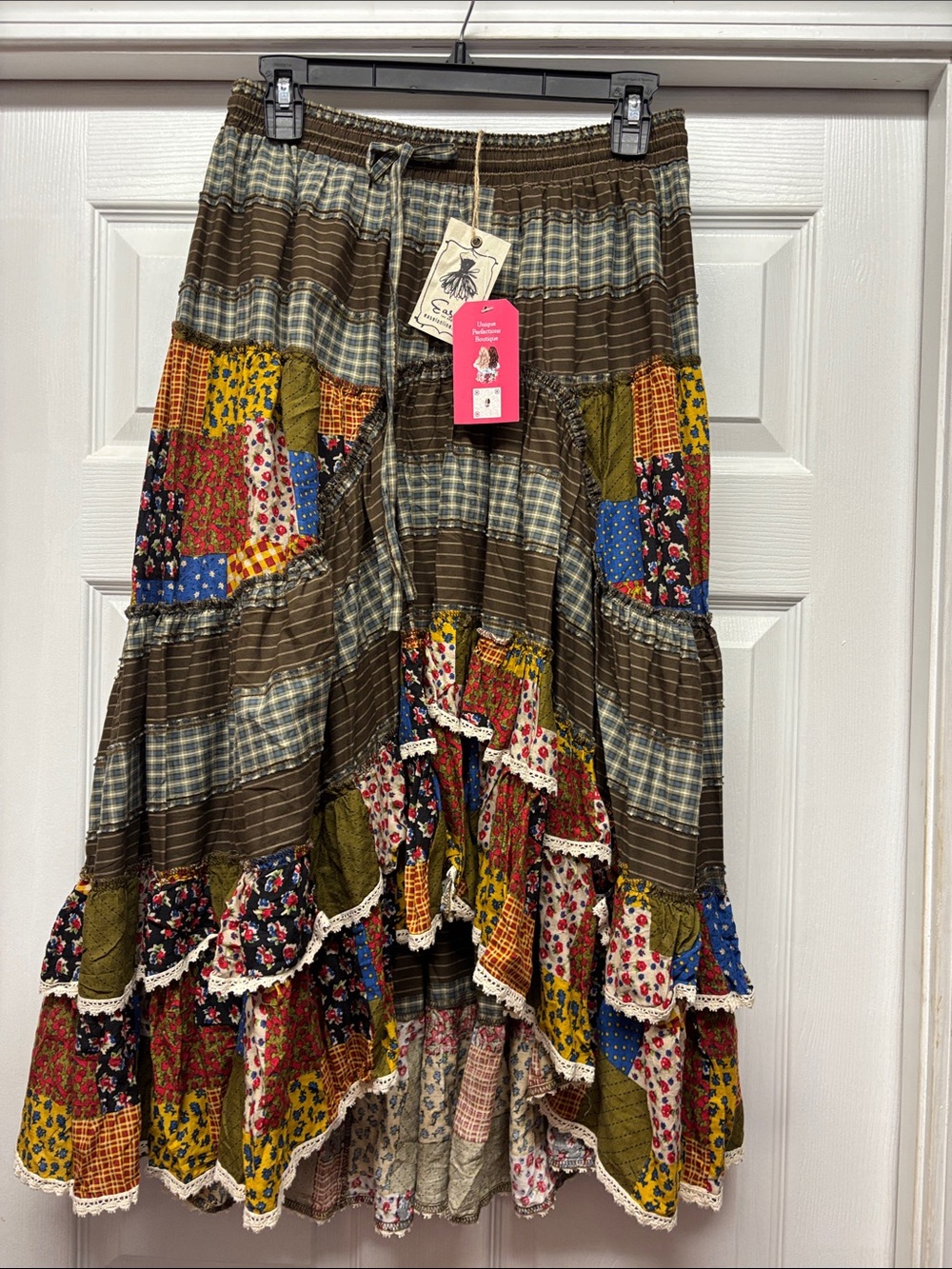 Easel Boho Patchwork Tiered Skirt in Brown, red & Blue-Crochet Lace Trim M New